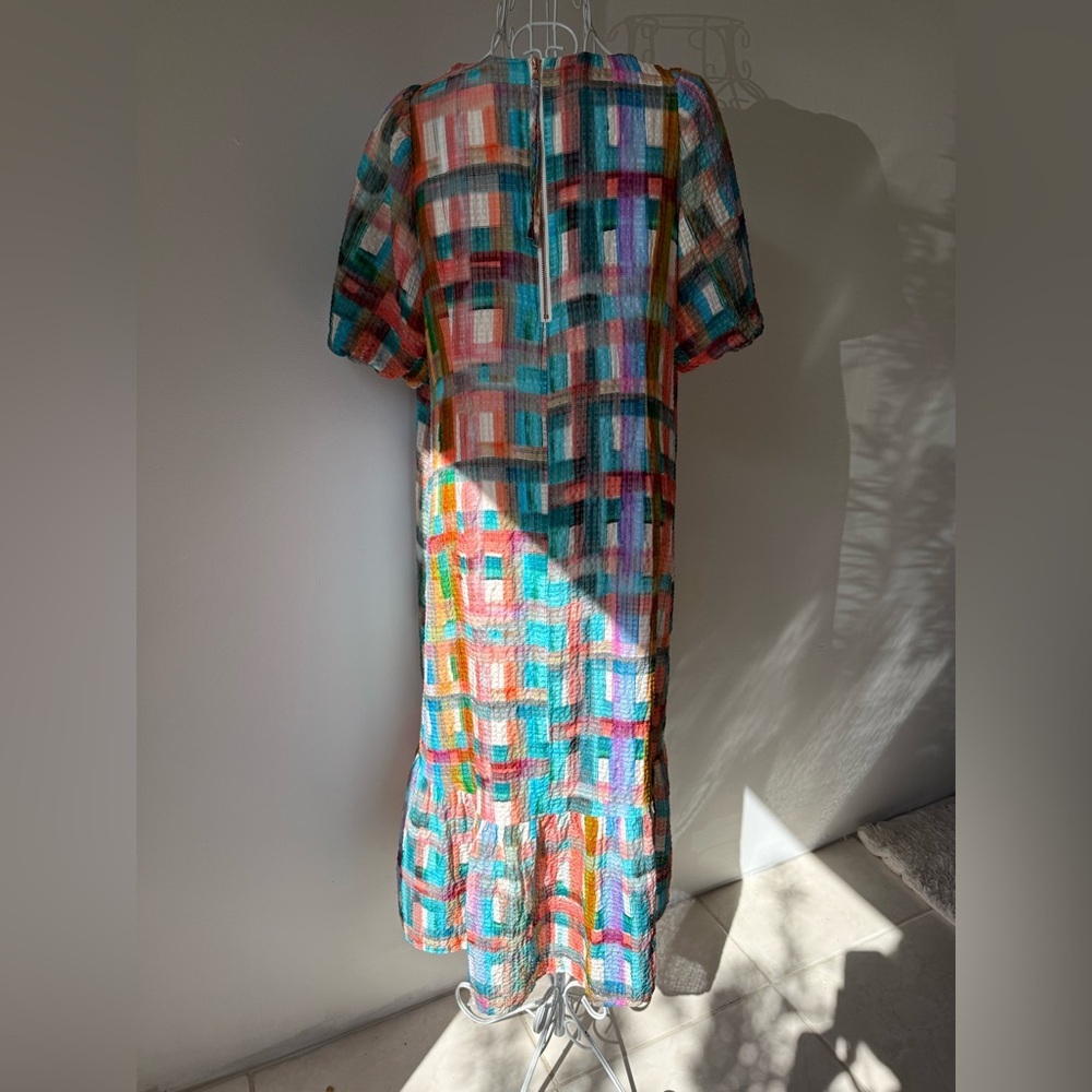 Marie Oliver Linen Silk Blend Plaid Dress Multicolor Puff Sleeve Size M - Picture 4 of 8